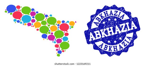 Social network map of Abkhazia and blue grunge stamp seal. Mosaic map of Abkhazia is designed with comment clouds. Flat design elements for social network illustrations.