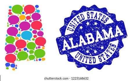 Social network map of Alabama State and blue rubber stamp seal. Mosaic map of Alabama State is composed with discussion clouds. Flat design elements for social network projects.