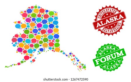 Social network map of Alaska State and scratched stamp seals in red and green colors. Mosaic map of Alaska State is created with media bubbles. Abstract design elements for social illustrations.
