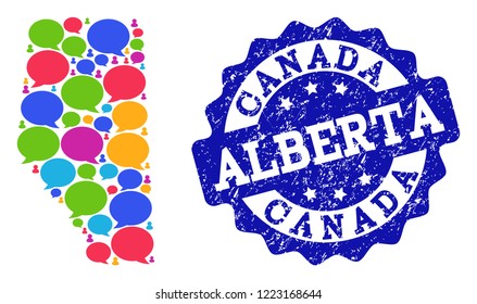 Social network map of Alberta Province and blue grunge stamp seal. Mosaic map of Alberta Province is composed with media bubbles. Abstract design elements for social network applications.