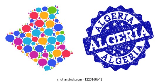 Social network map of Algeria and blue grunge stamp seal. Mosaic map of Algeria is designed with speech messages. Abstract design elements for social network projects.
