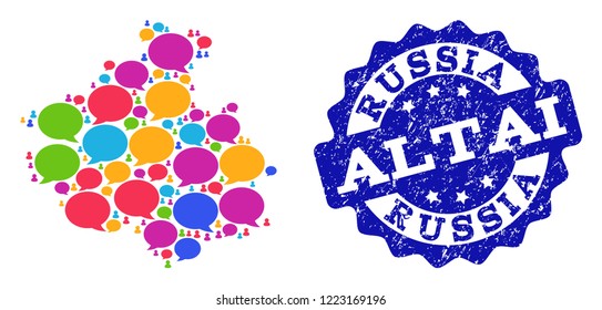 Social network map of Altai Republic and blue grunge stamp seal. Mosaic map of Altai Republic is designed with media bubbles. Flat design elements for social network illustrations.