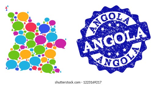 Social network map of Angola and blue rubber stamp seal. Mosaic map of Angola is created with forum clouds. Abstract design elements for social network posters.