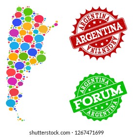 Social network map of Argentina and grunge stamp seals in red and green colors. Mosaic map of Argentina is composed with communication bubbles. Abstract design elements for social network projects.