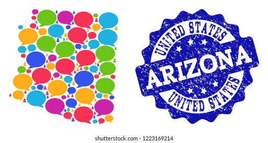 Social network map of Arizona State and blue grunge stamp seal. Mosaic map of Arizona State is designed with speak messages. Flat design elements for social network projects.