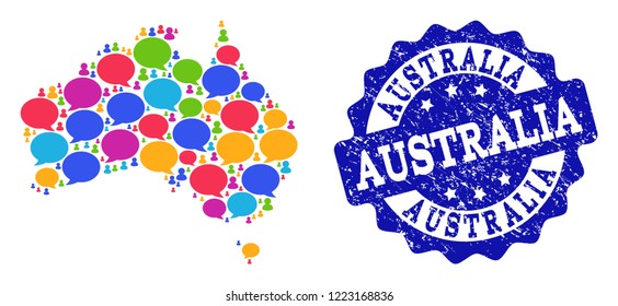 Social network map of Australia and blue distress stamp seal. Mosaic map of Australia is created with chat clouds. Flat design elements for social network purposes.