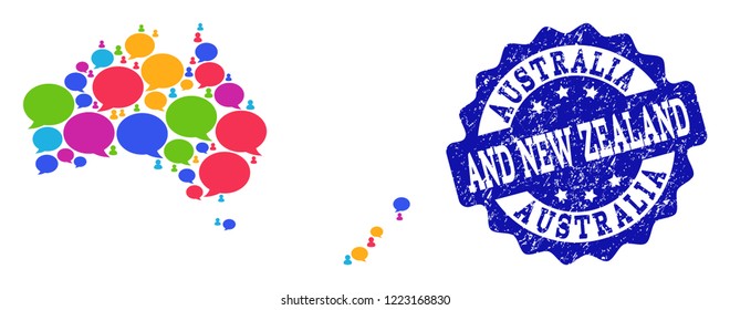 Social network map of Australia and New Zealand and blue scratched stamp seal. Mosaic map of Australia and New Zealand is formed with conversation bubbles.