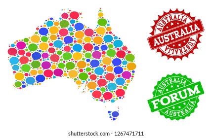 Social network map of Australia and rubber stamp seals in red and green colors. Mosaic map of Australia is designed with communication bubbles. Flat design elements for social network posters.