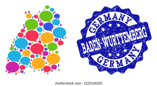 Social network map of Baden-Wurttemberg State and blue rubber stamp seal. Mosaic map of Baden-Wurttemberg State is composed with SMS messages. Abstract design elements for social network purposes.