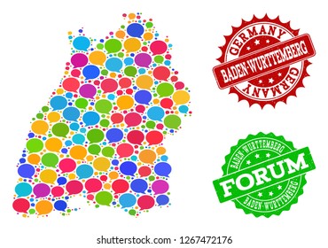 Social network map of Baden-Wurttemberg State and distress stamp seals in red and green colors. Mosaic map of Baden-Wurttemberg State is formed with speech bubbles.