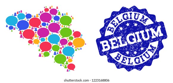 Social network map of Belgium and blue scratched stamp seal. Mosaic map of Belgium is formed with speak bubbles. Abstract design elements for social network applications.