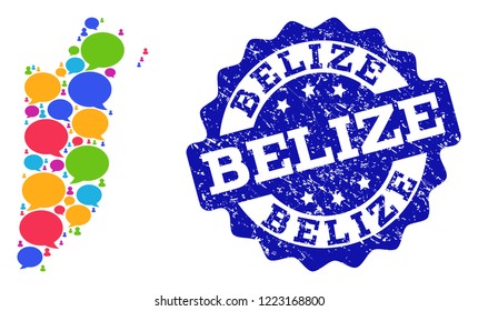 Social network map of Belize and blue rubber stamp seal. Mosaic map of Belize is composed with speak messages. Abstract design elements for social network applications.