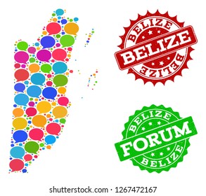 Social network map of Belize and scratched stamp seals in red and green colors. Mosaic map of Belize is formed with media bubbles. Abstract design elements for social purposes.