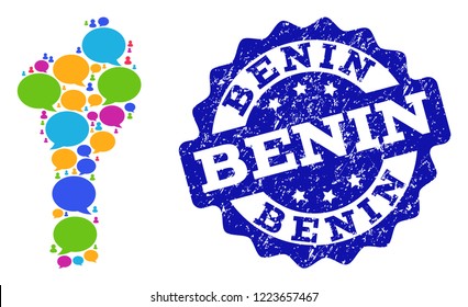 Social network map of Benin and blue distress stamp seal. Mosaic map of Benin is designed with discussion clouds. Flat design elements for social projects.