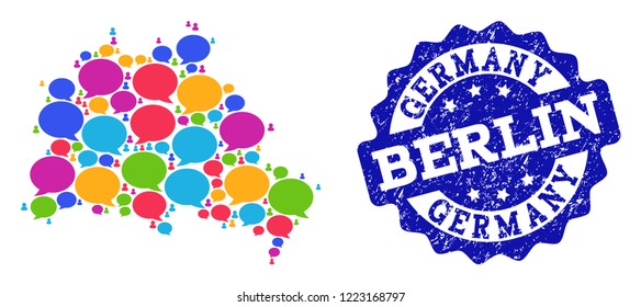 Social network map of Berlin City and blue scratched stamp seal. Mosaic map of Berlin City is created with forum clouds. Abstract design elements for social network illustrations.