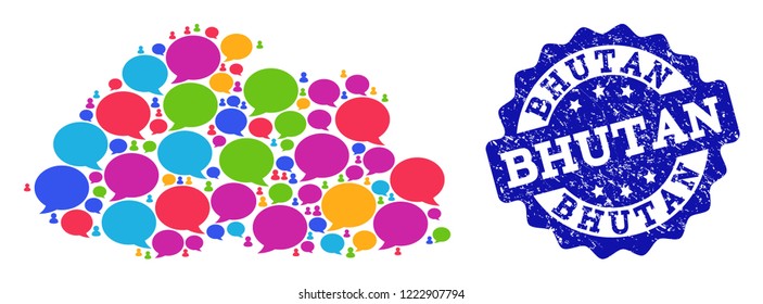 Social network map of Bhutan and blue rubber stamp seal. Mosaic map of Bhutan is designed with word bubbles. Abstract design elements for social purposes.