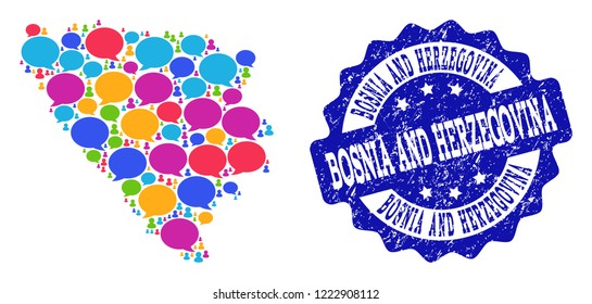 Social network map of Bosnia and Herzegovina and blue distress stamp seal. Mosaic map of Bosnia and Herzegovina is created with word bubbles. Flat design elements for social network illustrations.