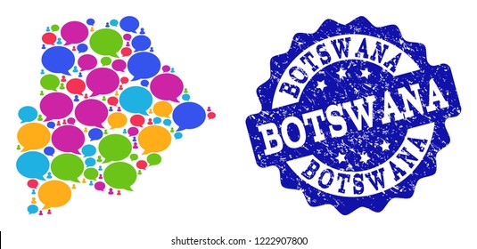 Social network map of Botswana and blue scratched stamp seal. Mosaic map of Botswana is created with comment bubbles. Flat design elements for social network purposes.
