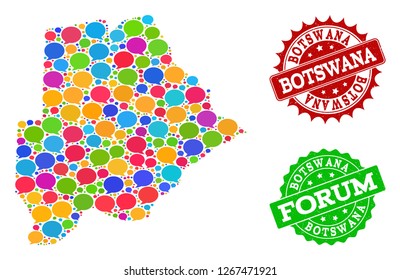 Social network map of Botswana and scratched stamp seals in red and green colors. Mosaic map of Botswana is designed with talk clouds. Flat design elements for social network illustrations.