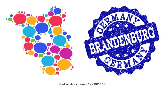 Social network map of Brandenburg State and blue scratched stamp seal. Mosaic map of Brandenburg State is designed with speak bubbles. Abstract design elements for social network projects.