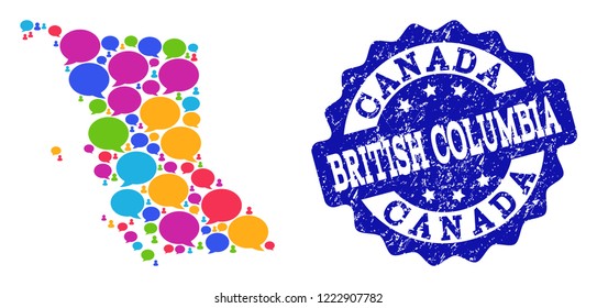 Social network map of British Columbia Province and blue distress stamp seal. Mosaic map of British Columbia Province is composed with media messages. Flat design elements for social network posters.