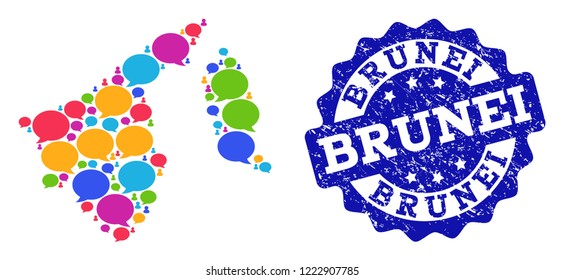 Social network map of Brunei and blue grunge stamp seal. Mosaic map of Brunei is composed with communication bubbles. Flat design elements for social network posters.