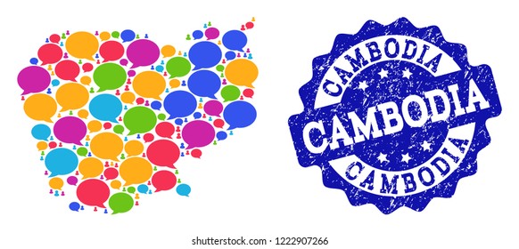 Social network map of Cambodia and blue distress stamp seal. Mosaic map of Cambodia is composed with media clouds. Flat design elements for social network applications.