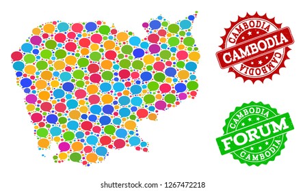 Social network map of Cambodia and scratched stamp seals in red and green colors. Mosaic map of Cambodia is formed with chat clouds. Abstract design elements for social network purposes.