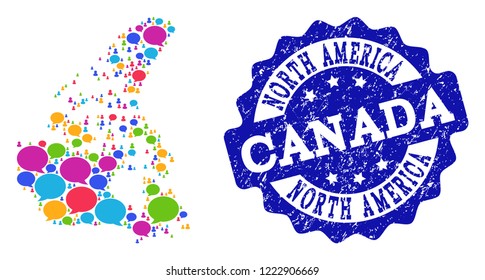 Social network map of Canada and blue distress stamp seal. Mosaic map of Canada is formed with discussion clouds. Flat design elements for social network purposes.