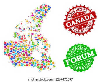 Social network map of Canada and grunge stamp seals in red and green colors. Mosaic map of Canada is formed with dialog clouds. Flat design elements for social network applications.