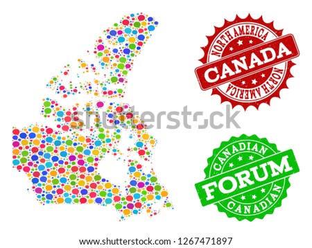 Social network map of Canada and grunge stamp seals in red and green colors. Mosaic map of Canada is formed with dialog clouds. Flat design elements for social network applications.