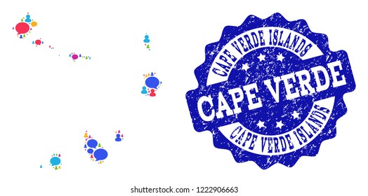 Social network map of Cape Verde Islands and blue scratched stamp seal. Mosaic map of Cape Verde Islands is formed with blog messages. Flat design elements for social network purposes.