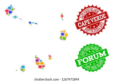 Social network map of Cape Verde Islands and grunge stamp seals in red and green colors. Mosaic map of Cape Verde Islands is designed with blog bubbles.