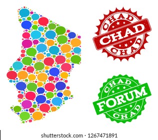 Social network map of Chad and grunge stamp seals in red and green colors. Mosaic map of Chad is designed with talk bubbles. Flat design elements for social network illustrations.