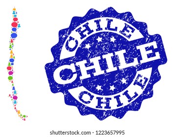 Social network map of Chile and blue grunge stamp seal. Mosaic map of Chile is created with communication clouds. Abstract design elements for social network posters.