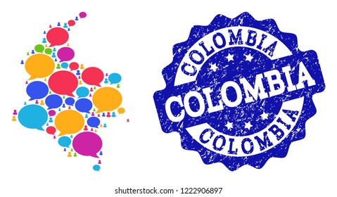 Social network map of Colombia and blue distress stamp seal. Mosaic map of Colombia is composed with chat messages. Abstract design elements for social network illustrations.