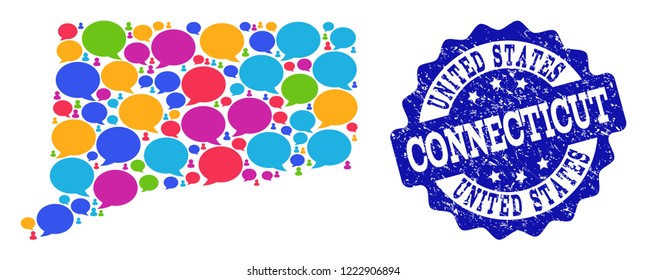 Social network map of Connecticut State and blue scratched stamp seal. Mosaic map of Connecticut State is formed with chat messages. Flat design elements for social network applications.