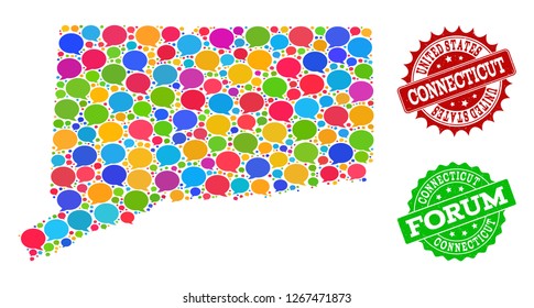 Social network map of Connecticut State and distress stamp seals in red and green colors. Mosaic map of Connecticut State is formed with speech clouds.