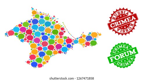 Social network map of Crimea and rubber stamp seals in red and green colors. Mosaic map of Crimea is created with comment clouds. Abstract design elements for social network purposes.