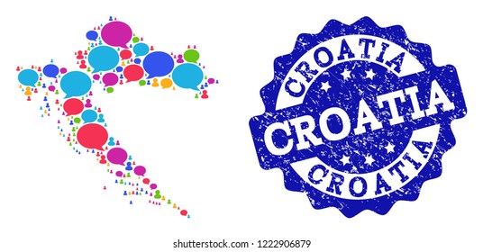 Social network map of Croatia and blue distress stamp seal. Mosaic map of Croatia is created with speech messages. Abstract design elements for social network projects.