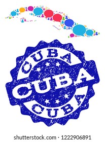 Social network map of Cuba Island and blue rubber stamp seal. Mosaic map of Cuba Island is created with blog messages. Flat design elements for social network projects.