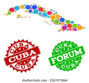 Social network map of Cuba Island and distress stamp seals in red and green colors. Mosaic map of Cuba Island is formed with forum bubbles. Flat design elements for social network purposes.