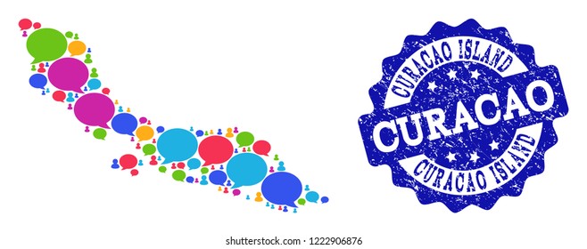 Social network map of Curacao Island and blue rubber stamp seal. Mosaic map of Curacao Island is composed with media clouds. Flat design elements for social network projects.