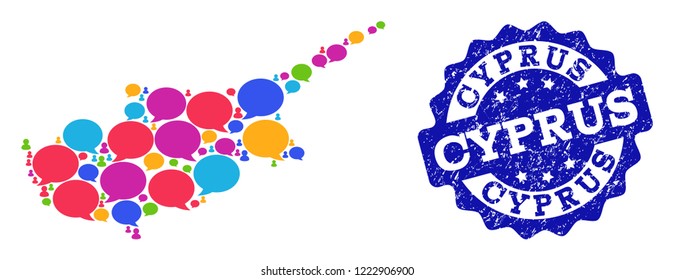 Social network map of Cyprus Island and blue distress stamp seal. Mosaic map of Cyprus Island is formed with speech clouds. Abstract design elements for social network applications.