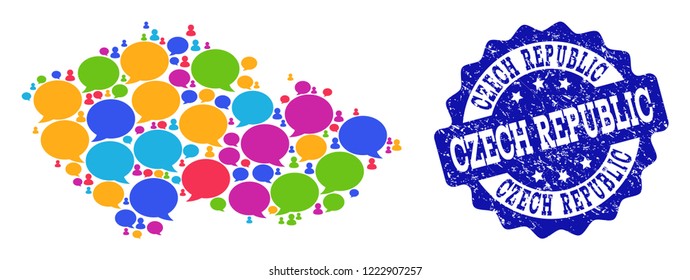 Social network map of Czech Republic and blue distress stamp seal. Mosaic map of Czech Republic is composed with communication bubbles. Abstract design elements for social purposes.