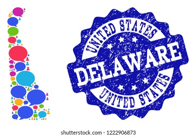 Social network map of Delaware State and blue scratched stamp seal. Mosaic map of Delaware State is designed with word messages. Flat design elements for social network applications.