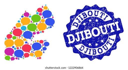 Social network map of Djibouti and blue rubber stamp seal. Mosaic map of Djibouti is created with speech messages. Abstract design elements for social network purposes.