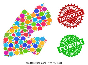 Social network map of Djibouti and distress stamp seals in red and green colors. Mosaic map of Djibouti is designed with comment messages. Abstract design elements for social network posters.