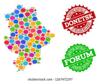 Social network map of Donetsk Republic and rubber stamp seals in red and green colors. Mosaic map of Donetsk Republic is composed with SMS clouds. Abstract design elements for social network purposes.