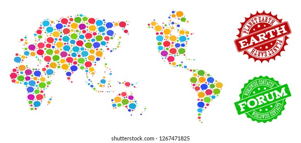 Social network map of Earth and grunge stamp seals in red and green colors. Mosaic map of Earth is composed with blog bubbles. Flat design elements for social network projects.